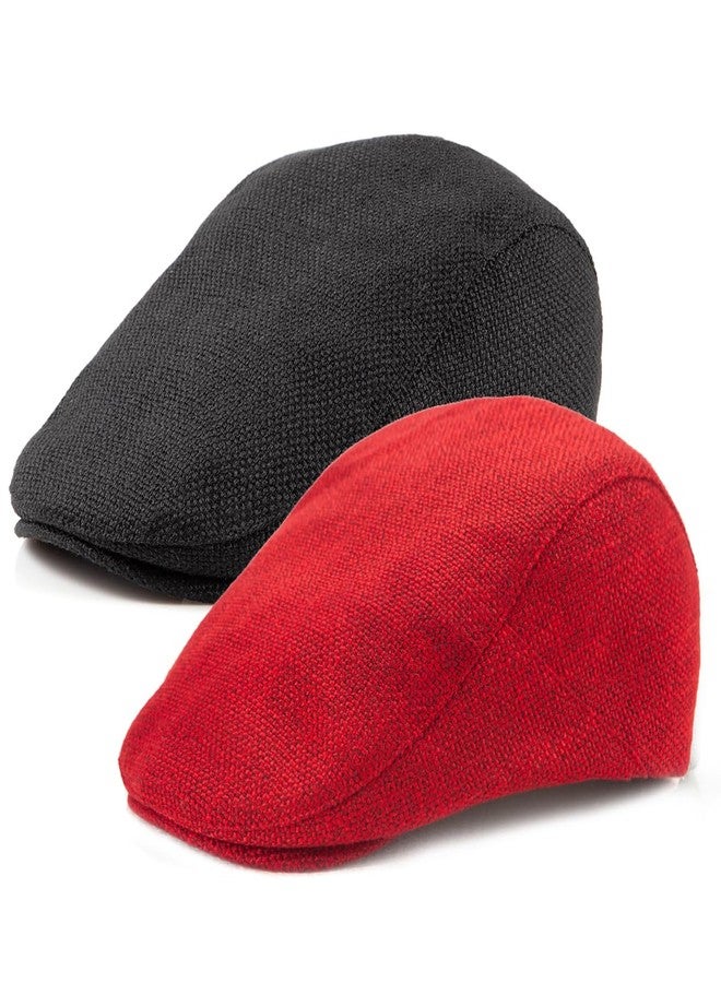 LADYBRO 2Pack Unisex Flat Cap Newsboy Hats for Men Women, Summer Casual Adjustable (Cotton, Polyester, 04486 Black+Red) - Image 3